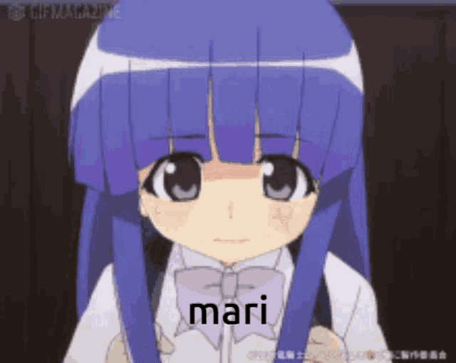a girl with purple hair and a purple bow tie says mari