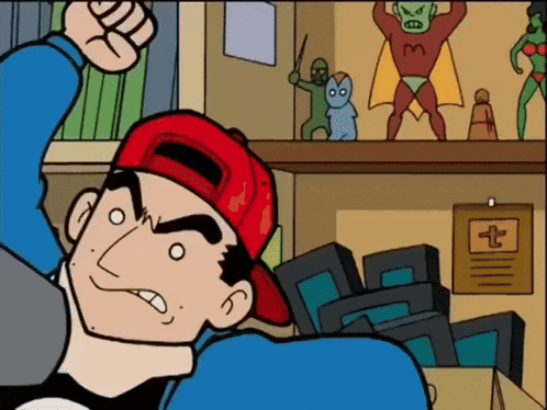 a cartoon of a man wearing a red hat with the letter m on his back