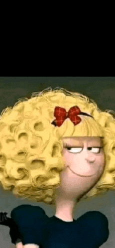 a cartoon girl with curly blonde hair and a red bow in her hair is smiling .
