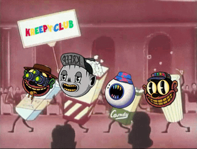 a group of cartoon characters holding a sign that says kreepyclub