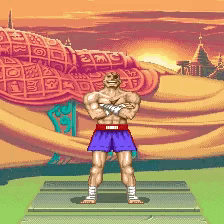 a pixel art of a man in blue shorts
