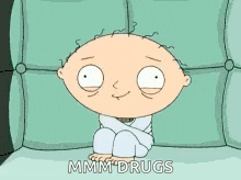 a cartoon character is sitting on a couch with his arms crossed and the words mmmm drugs above him .