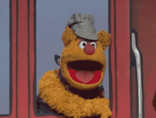 a muppet wearing a hat and scarf looks out of a window