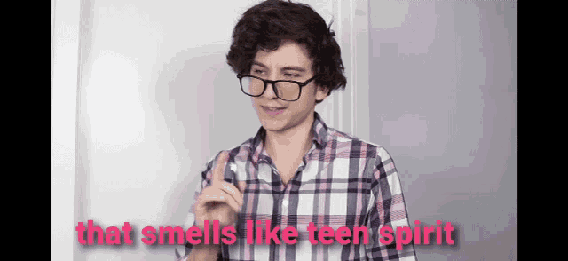 a young man wearing glasses and a plaid shirt says " that smells like teen spirit "