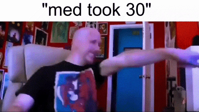 a bald man is standing in front of a red wall with the words " med took 30 "