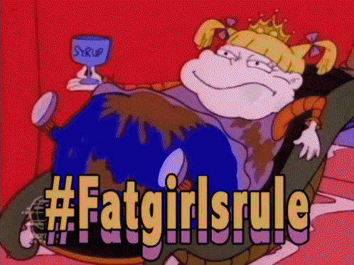 a cartoon of a girl holding a cup of syrup with the words #fatgirlsrule below her