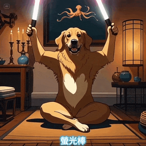 a cartoon of a dog holding two lightsabers in front of a picture of an octopus that says ai
