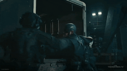 a poster for thunderbolts shows a man holding a shield in a dark room