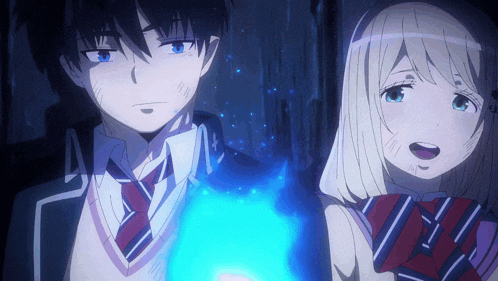 a boy and a girl are standing next to each other with a blue light coming out of their hands