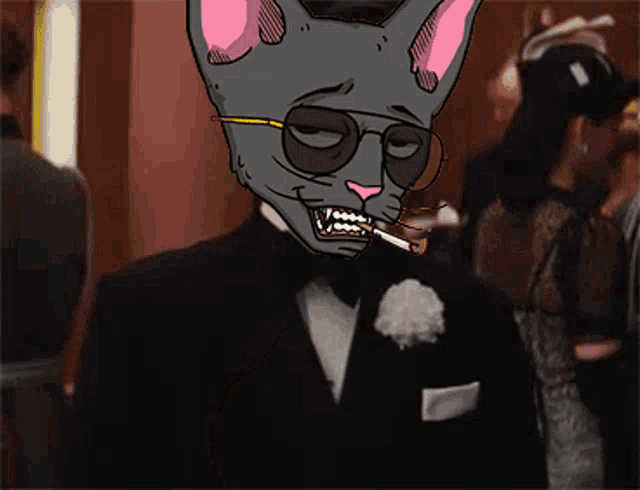 a cartoon cat wearing a tuxedo and sunglasses smoking a cigarette