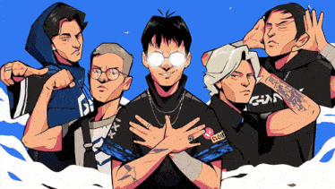 a group of men are posing for a picture and one of them has a shirt that says cloud