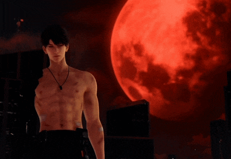 a shirtless man is holding a torch in front of a red moon