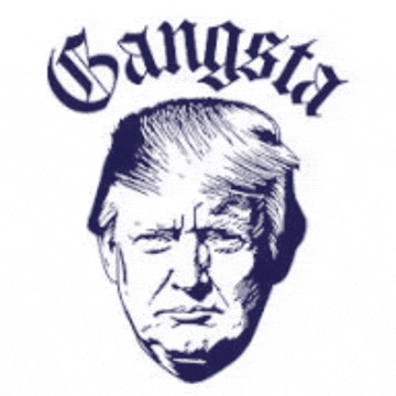 a black and white drawing of donald trump 's face with the word gangsta written above him .