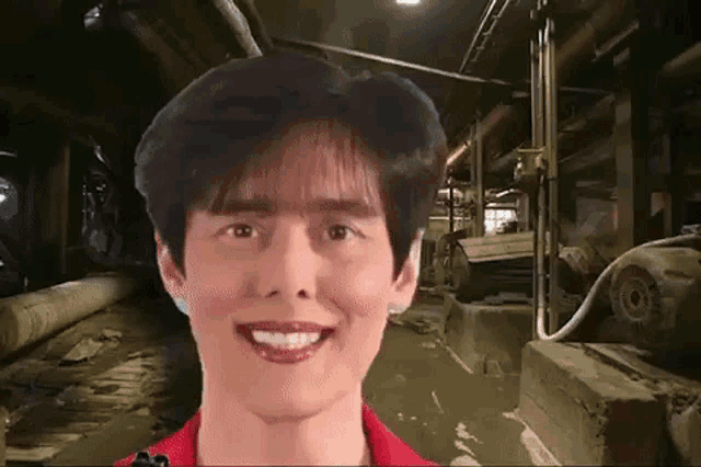 a man in a red shirt is making a funny face in front of a tunnel filled with pipes .