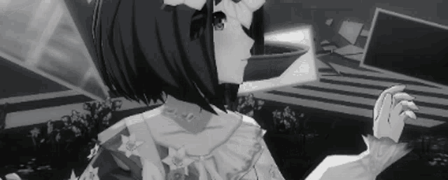 a black and white photo of a girl in a dress with a flower on her head .