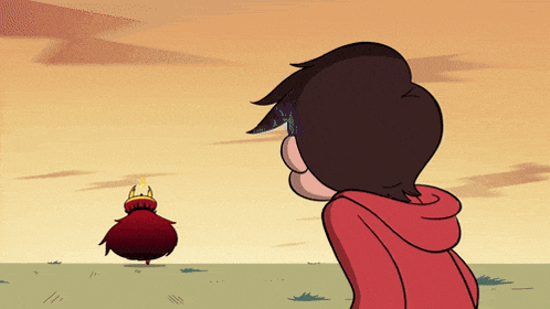 a cartoon character in a red hoodie stands in a field