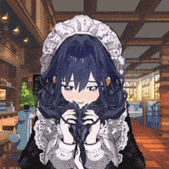a girl with blue hair is wearing a maid hat