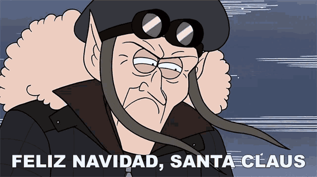 a cartoon of a man wearing a helmet and goggles says feliz navidad santa claus