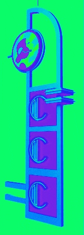 a blue and purple sign with a clock on top of it .