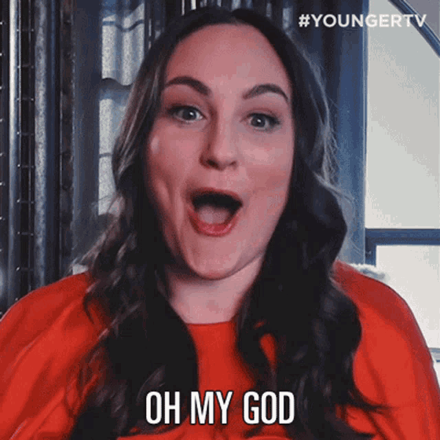 a woman with her mouth open and the words oh my god on her face