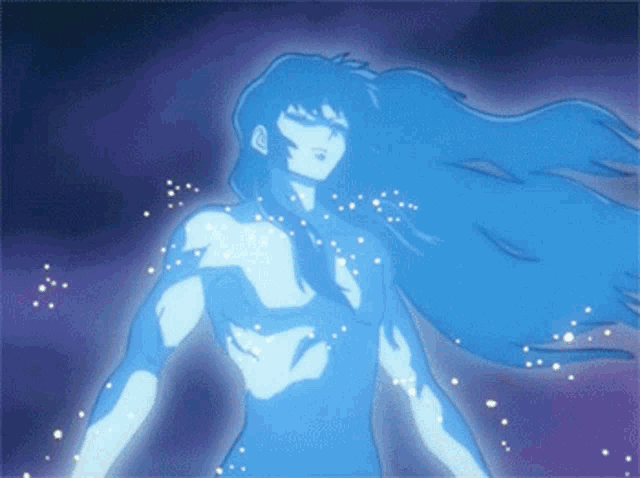 a cartoon character with long blue hair and a glowing body