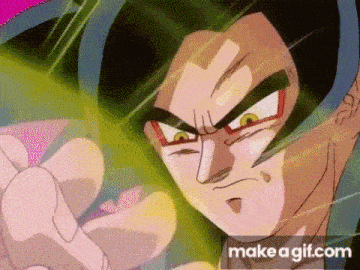 a close up of a cartoon character 's face with a green light coming out of his hand .