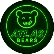 a neon sign that says atlas bears with a teddy bear in the center .