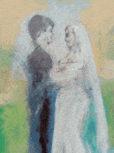 a painting of a bride and groom on a yellow and green background