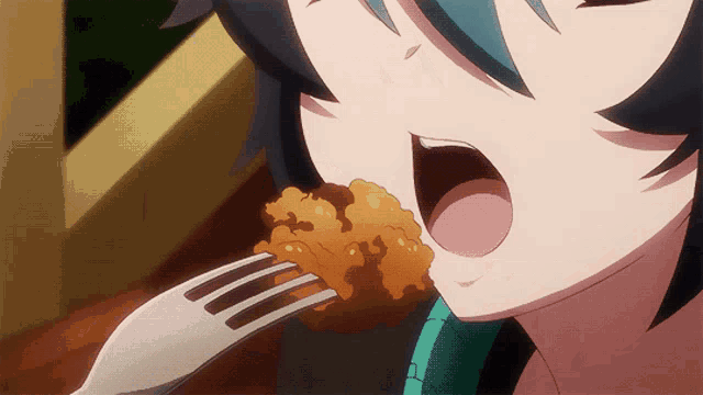 a girl is eating something with a fork