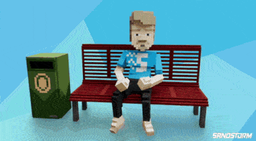 a pixel art of a man sitting on a bench with the word sandstorm on the bottom right
