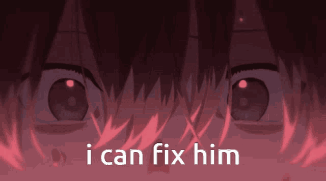 a close up of a person 's eyes and the words " i can fix him "