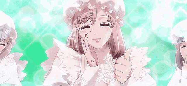 three anime girls are giving a thumbs up with blood on their faces