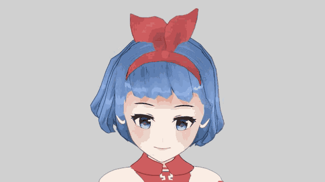 a blue haired anime girl with a red headband