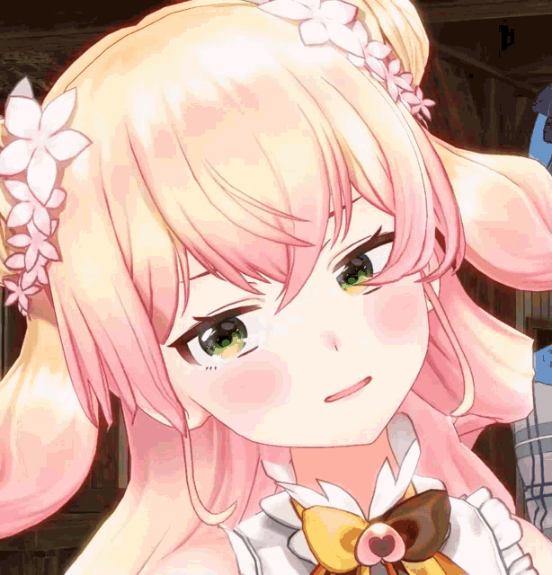 a close up of a girl 's face with pink hair and green eyes