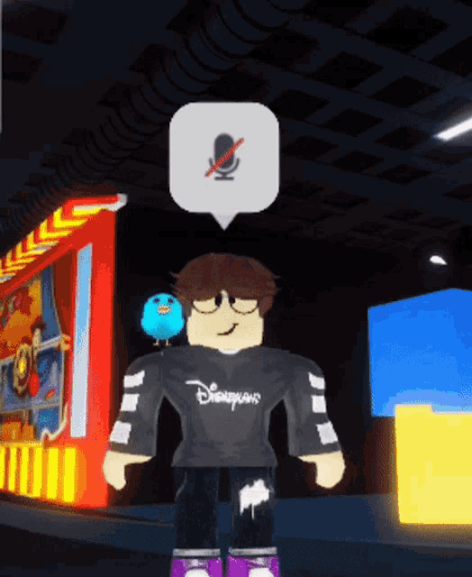 a cartoon character is wearing a disneyland shirt and has a bird on his shoulder