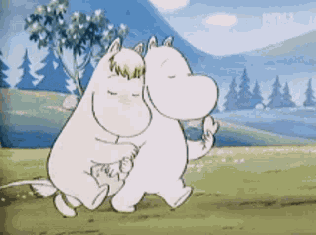 a couple of cartoon characters are hugging each other in a field