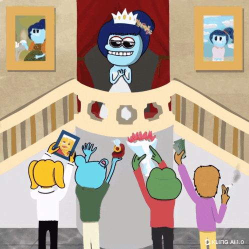 a group of people standing around a statue of a cartoon character with a crown on his head