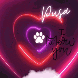a neon sign that says pusa with a paw print inside of it