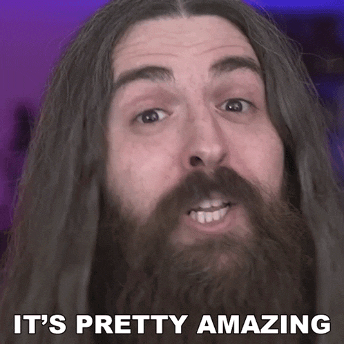 a man with long hair and a beard has the words it 's pretty amazing below him