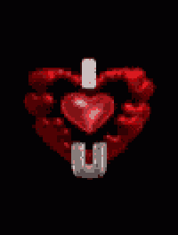 a red heart with a silver letter u on a black background