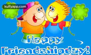 a happy friendship day greeting card with two cartoon characters hugging each other