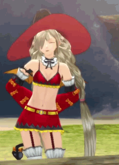 a video game character is wearing a red hat and a braid