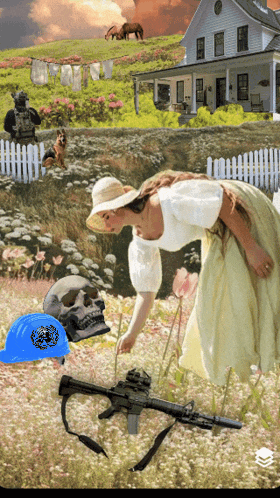 a painting of a woman picking flowers with a skull and a helmet that says united nations