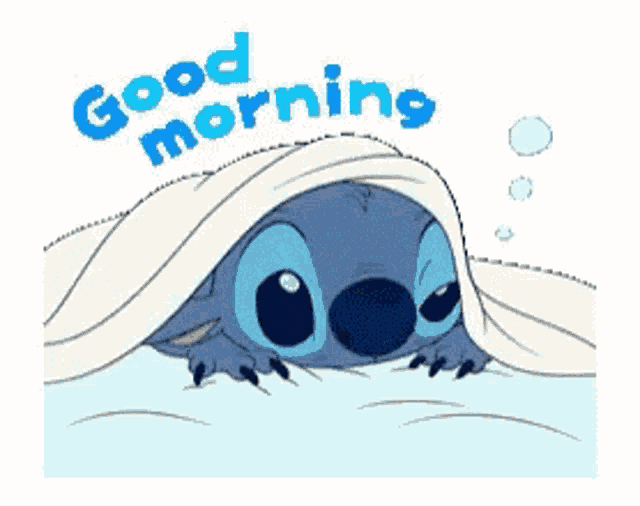 a cartoon of stitch peeking out from under a blanket and saying good morning .