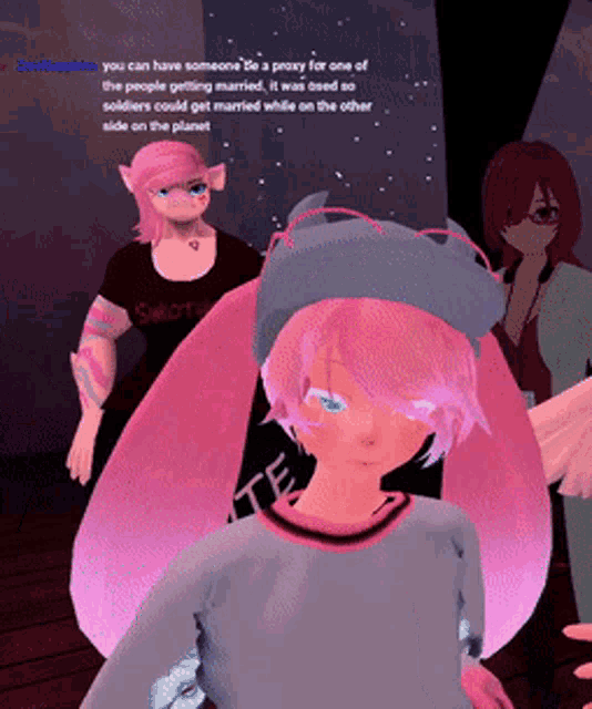 a girl with pink hair is standing in front of a sign that says " you can have someone " on it