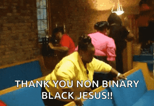 a woman in a yellow shirt is sitting in a church with the words thank you non binary black jesus below her