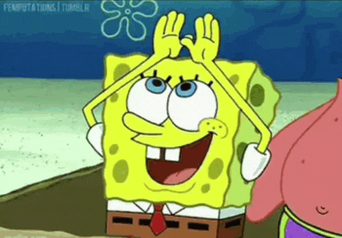 a cartoon of spongebob squarepants making a funny face with his hands in the air .