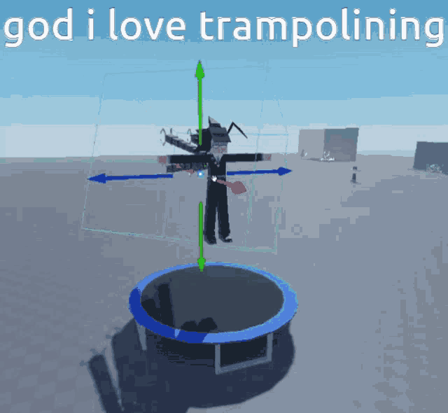 a cartoon of a man jumping on a trampoline with the words god i love trampolining below him