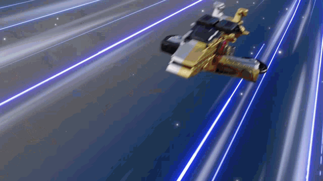 a toy plane is flying through the air with a blue background .