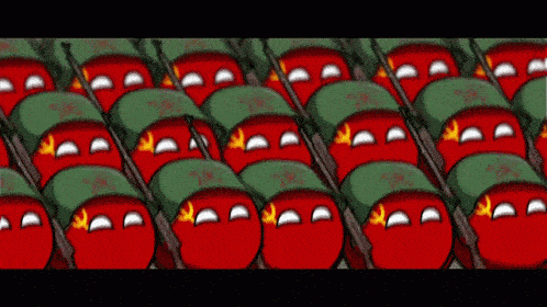 a row of red balls wearing green helmets with a red hammer and sickle on them